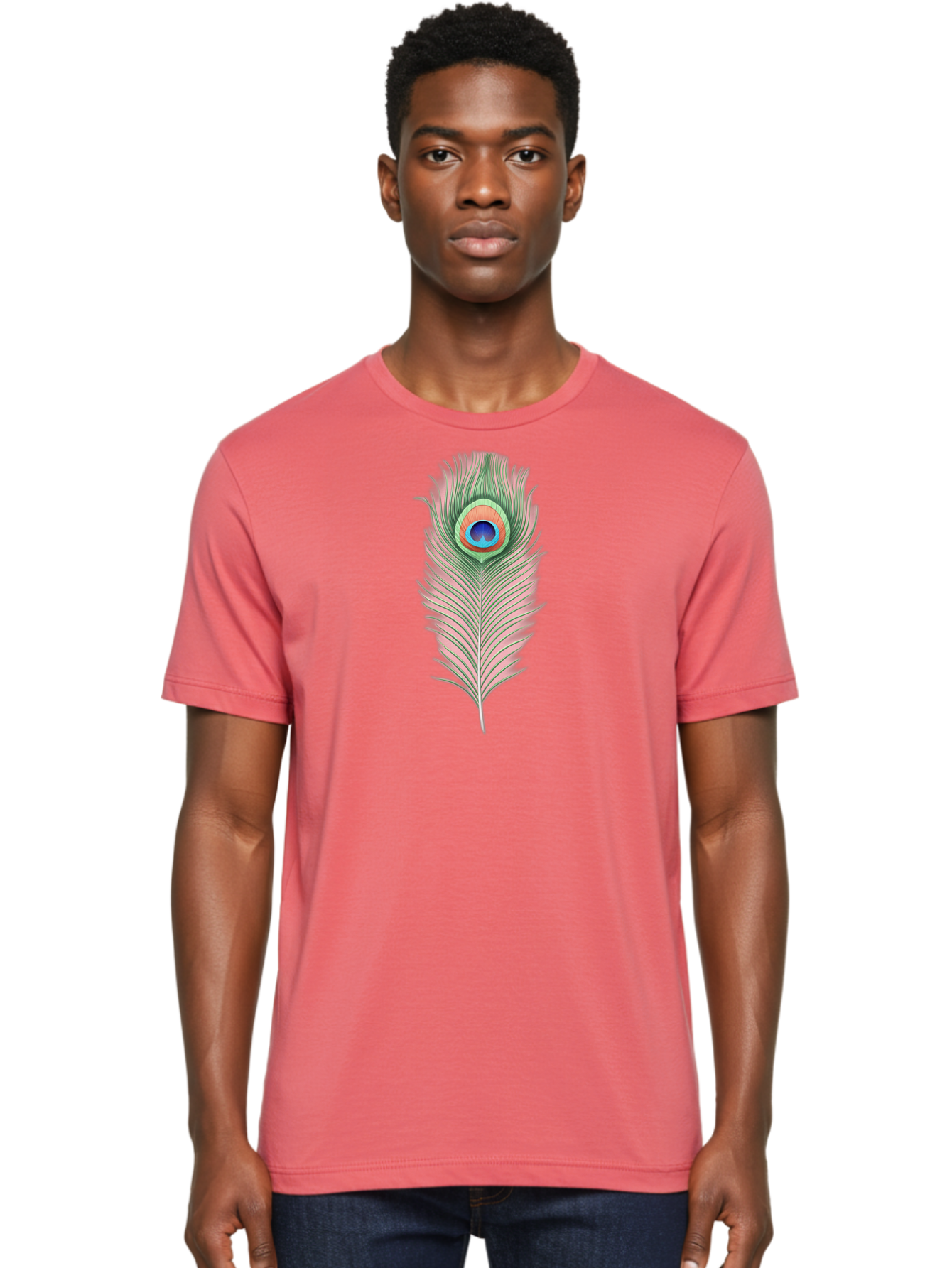 Peacock-Feather-3 Men'S Graphic Tee, 100% Cotton, Comfortable Casual Summer Wear, Machine Washable, Peacock Feather Illustration, Colorful Plumage, Vibrant Eye, Bird Anatomy, Nature Graphics, Exotic Design, Ornamental Art, Bab111