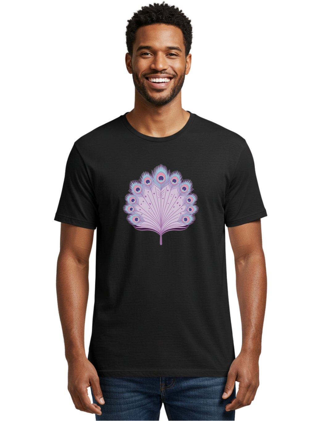 Peacock-Feather-4 Men'S Graphic Tee, 100% Cotton, Comfortable Casual Summer Wear, Machine Washable, Peacock Feather, Pastel Colors, Vibrant Feathers, Colorful Plumage, Nature-Inspired Art, Whimsical Design, Decorative Motif, Symbolic Imagery, Bab112