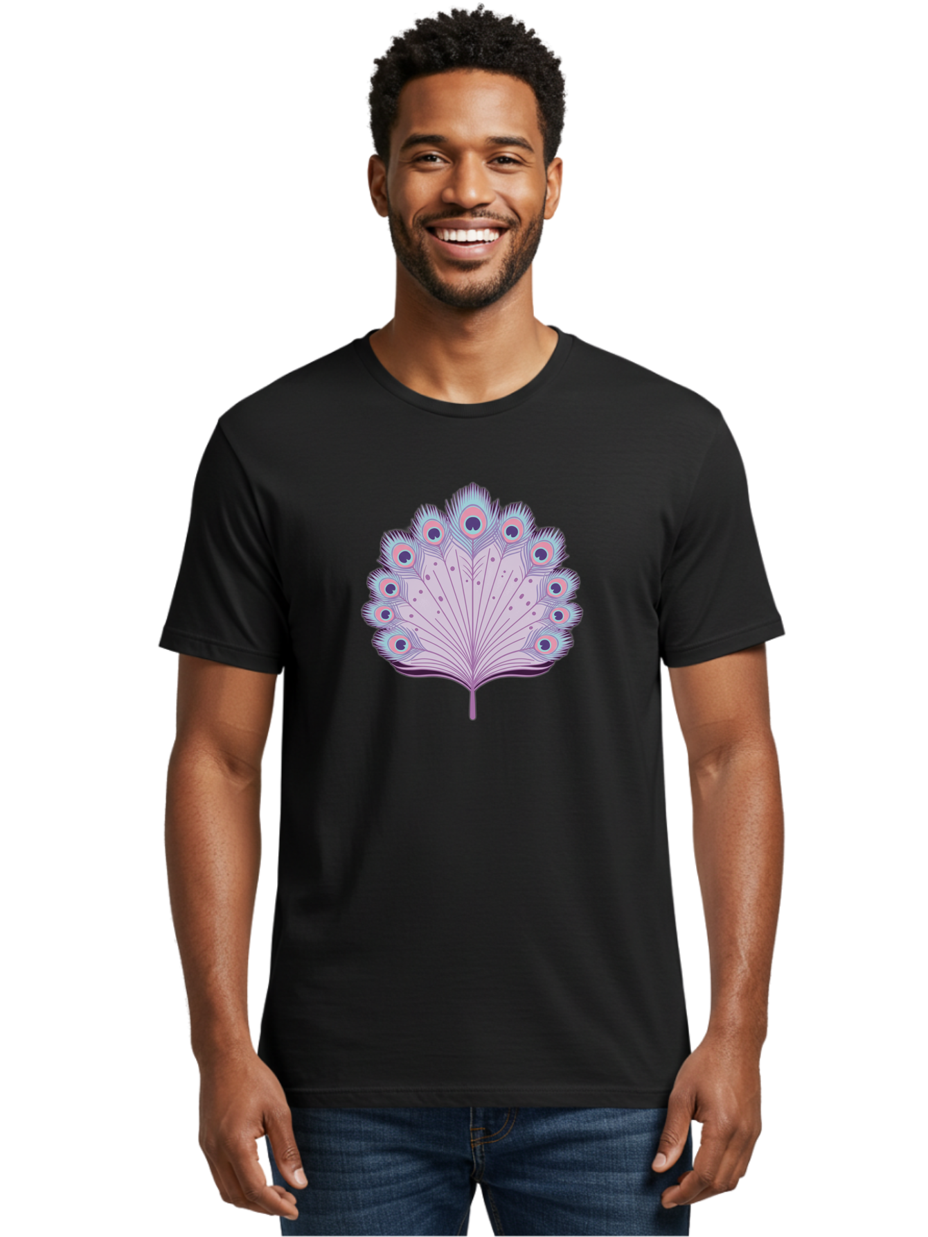Peacock-Feather-4 Men'S Graphic Tee, 100% Cotton, Comfortable Casual Summer Wear, Machine Washable, Peacock Feather, Pastel Colors, Vibrant Feathers, Colorful Plumage, Nature-Inspired Art, Whimsical Design, Decorative Motif, Symbolic Imagery, Bab112