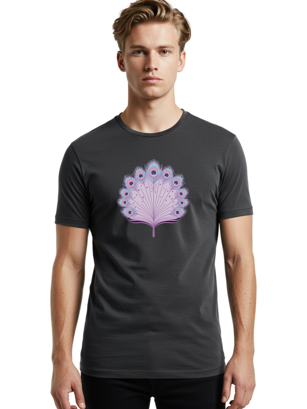 Peacock-Feather-4 Men'S Graphic Tee, 100% Cotton, Comfortable Casual Summer Wear, Machine Washable, Peacock Feather, Pastel Colors, Vibrant Feathers, Colorful Plumage, Nature-Inspired Art, Whimsical Design, Decorative Motif, Symbolic Imagery, Bab112