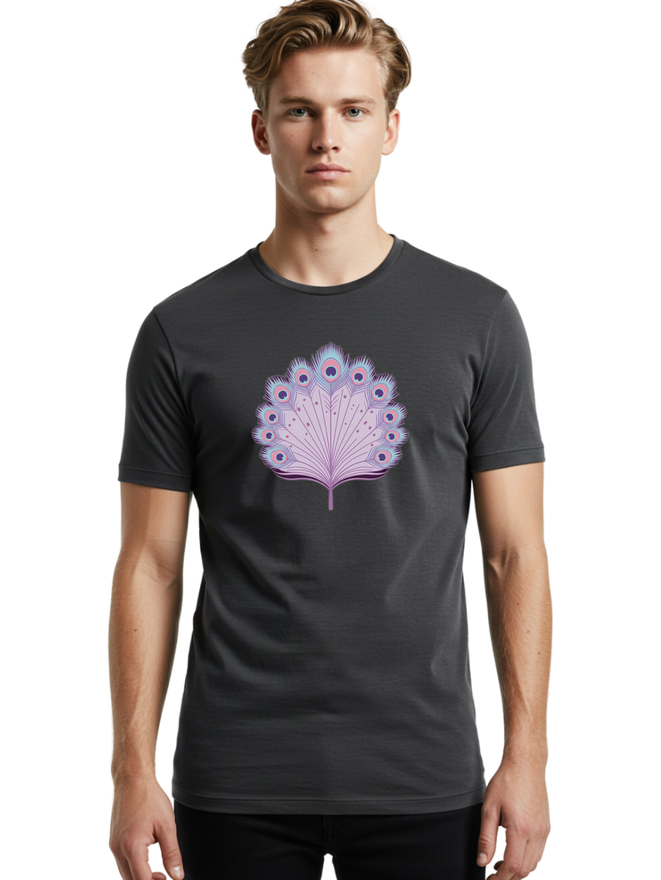 Peacock-Feather-4 Men'S Graphic Tee, 100% Cotton, Comfortable Casual Summer Wear, Machine Washable, Peacock Feather, Pastel Colors, Vibrant Feathers, Colorful Plumage, Nature-Inspired Art, Whimsical Design, Decorative Motif, Symbolic Imagery, Bab112