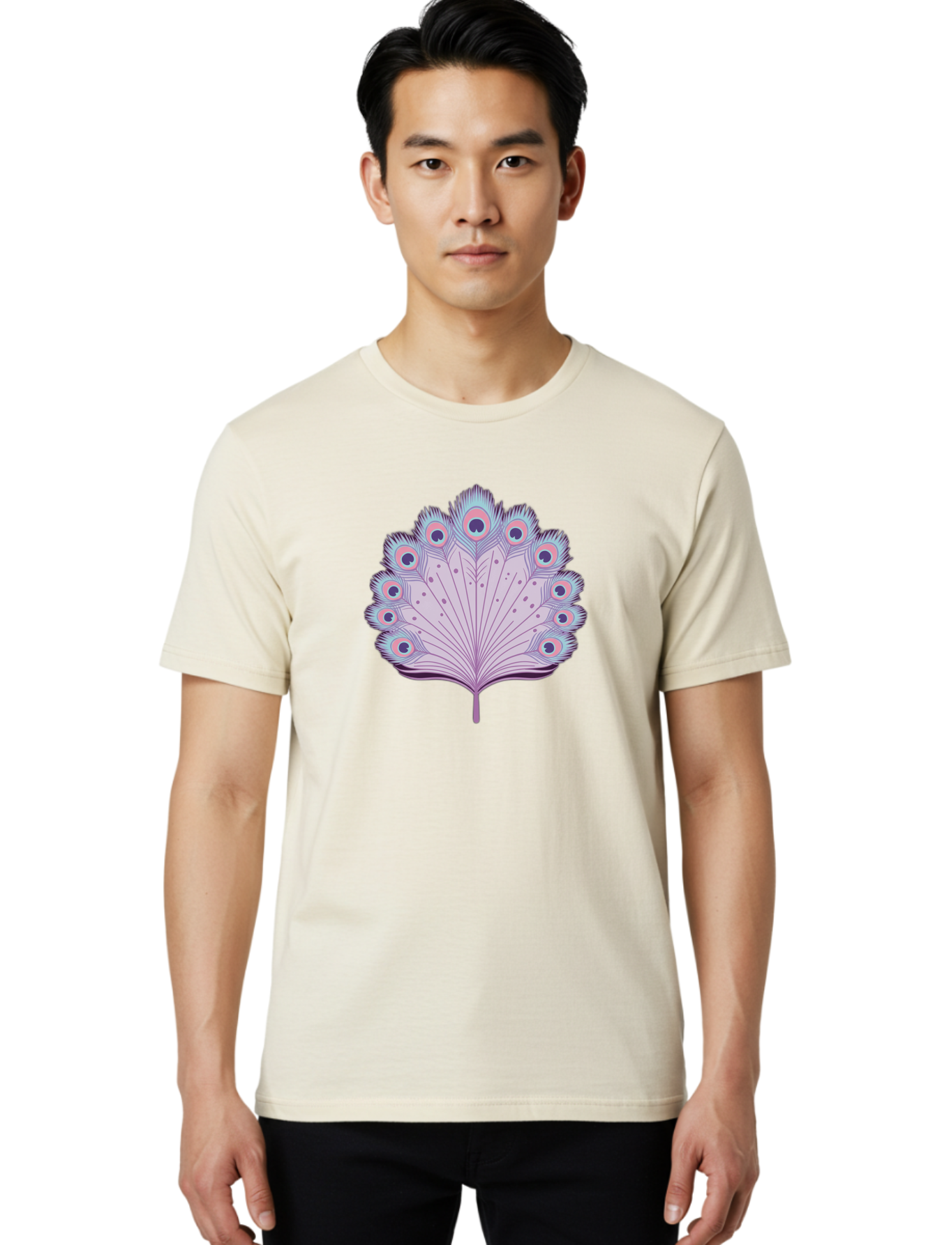 Peacock-Feather-4 Men'S Graphic Tee, 100% Cotton, Comfortable Casual Summer Wear, Machine Washable, Peacock Feather, Pastel Colors, Vibrant Feathers, Colorful Plumage, Nature-Inspired Art, Whimsical Design, Decorative Motif, Symbolic Imagery, Bab112