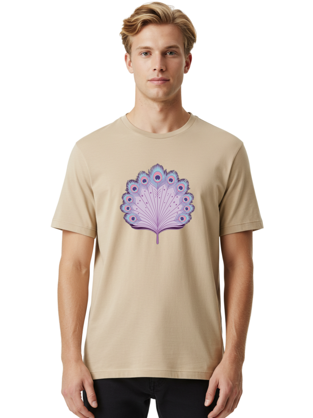 Peacock-Feather-4 Men'S Graphic Tee, 100% Cotton, Comfortable Casual Summer Wear, Machine Washable, Peacock Feather, Pastel Colors, Vibrant Feathers, Colorful Plumage, Nature-Inspired Art, Whimsical Design, Decorative Motif, Symbolic Imagery, Bab112