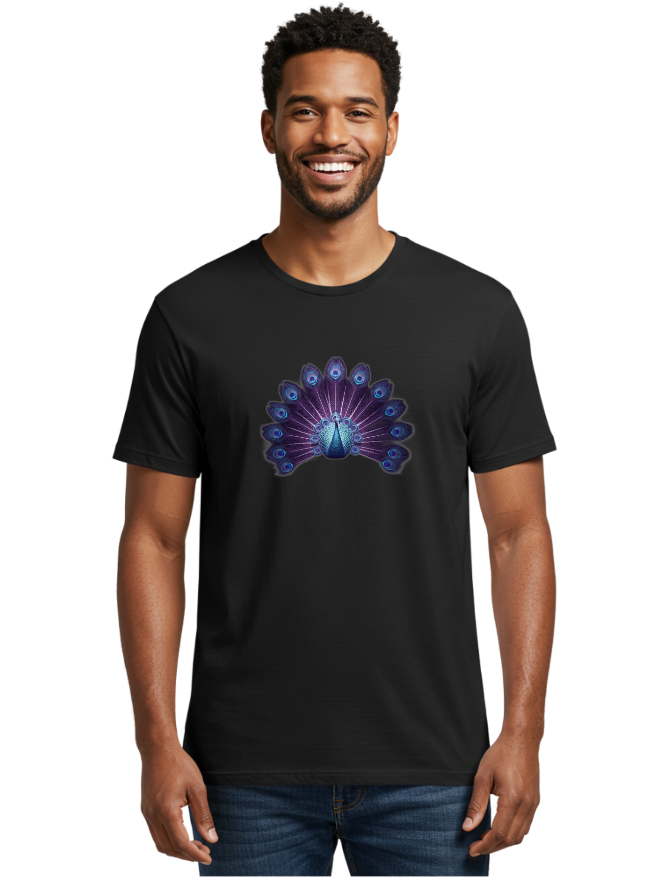 Peacock-Feather-5 Men'S Graphic Tee, 100% Cotton, Comfortable Casual Summer Wear, Machine Washable, Peacock, Tail Feathers, Vibrant Colors, Blue And Purple Hues, Eye-Catching Display, Natural Beauty, Majestic Plumage, Intricate Patterns, Bab113