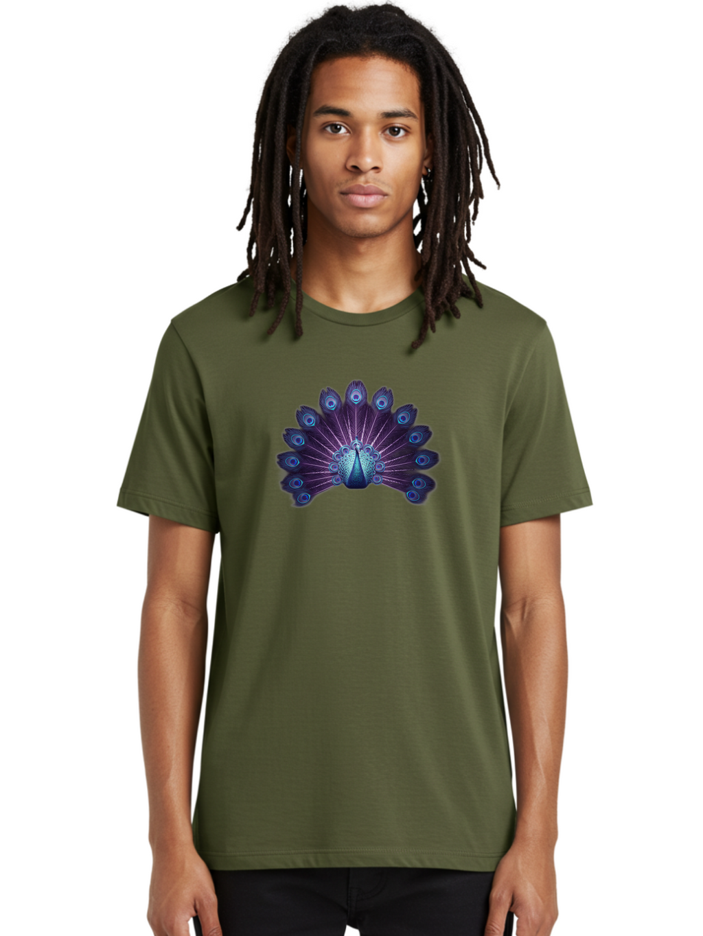 Peacock-Feather-5 Men'S Graphic Tee, 100% Cotton, Comfortable Casual Summer Wear, Machine Washable, Peacock, Tail Feathers, Vibrant Colors, Blue And Purple Hues, Eye-Catching Display, Natural Beauty, Majestic Plumage, Intricate Patterns, Bab113