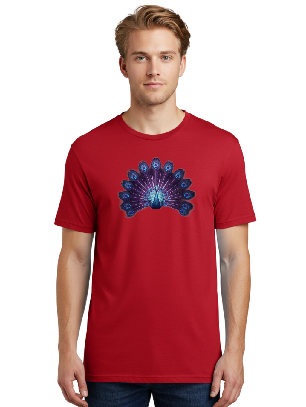 Peacock-Feather-5 Men'S Graphic Tee, 100% Cotton, Comfortable Casual Summer Wear, Machine Washable, Peacock, Tail Feathers, Vibrant Colors, Blue And Purple Hues, Eye-Catching Display, Natural Beauty, Majestic Plumage, Intricate Patterns, Bab113