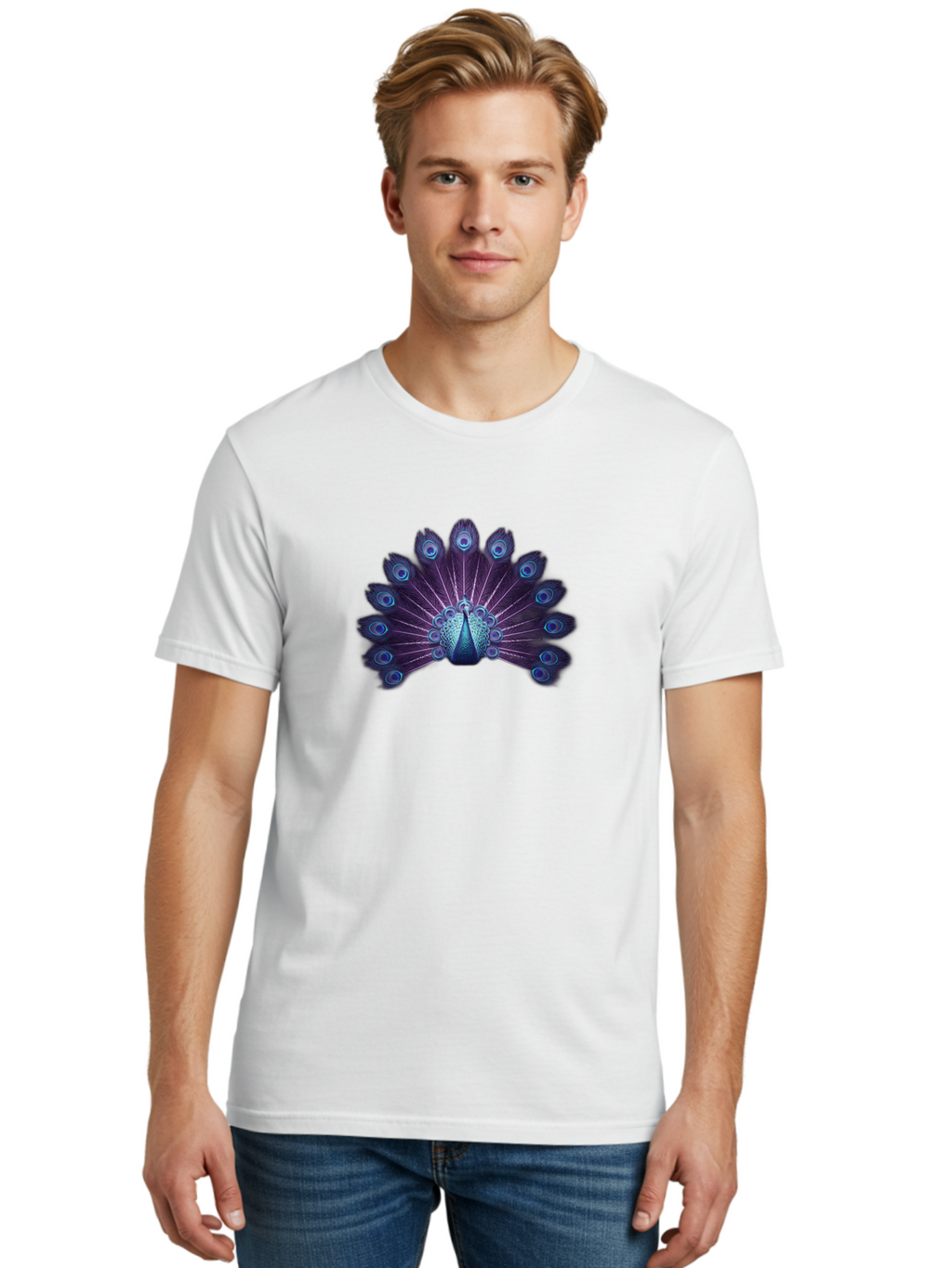 Peacock-Feather-5 Men'S Graphic Tee, 100% Cotton, Comfortable Casual Summer Wear, Machine Washable, Peacock, Tail Feathers, Vibrant Colors, Blue And Purple Hues, Eye-Catching Display, Natural Beauty, Majestic Plumage, Intricate Patterns, Bab113