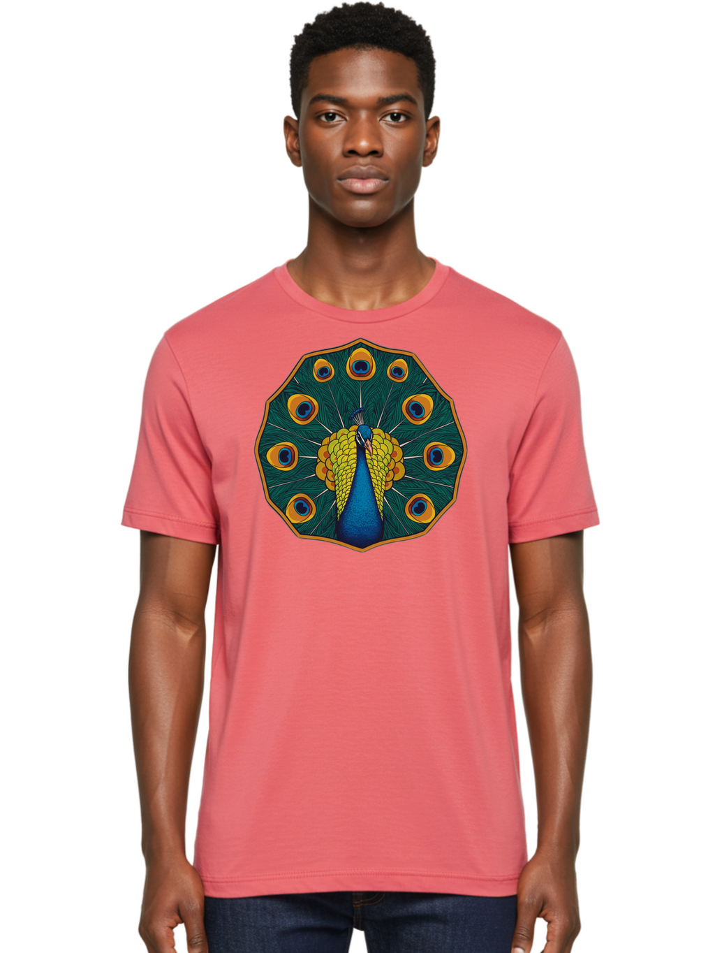 Peacock-Feather-6 Men'S Graphic Tee, 100% Cotton, Comfortable Casual Summer Wear, Machine Washable, Peacock Feather, Blue And Yellow Plumage, Vibrant Colors, Eye-Catching Pattern, Circular Design, Nature-Inspired Art, Bird Motif, Bab114