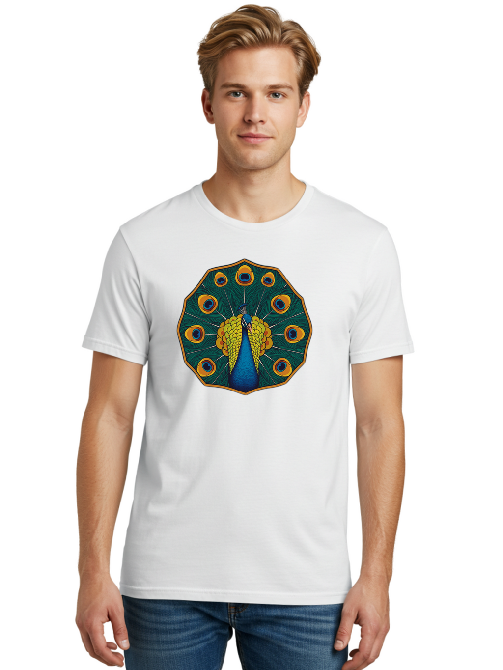 Peacock-Feather-6 Men'S Graphic Tee, 100% Cotton, Comfortable Casual Summer Wear, Machine Washable, Peacock Feather, Blue And Yellow Plumage, Vibrant Colors, Eye-Catching Pattern, Circular Design, Nature-Inspired Art, Bird Motif, Bab114