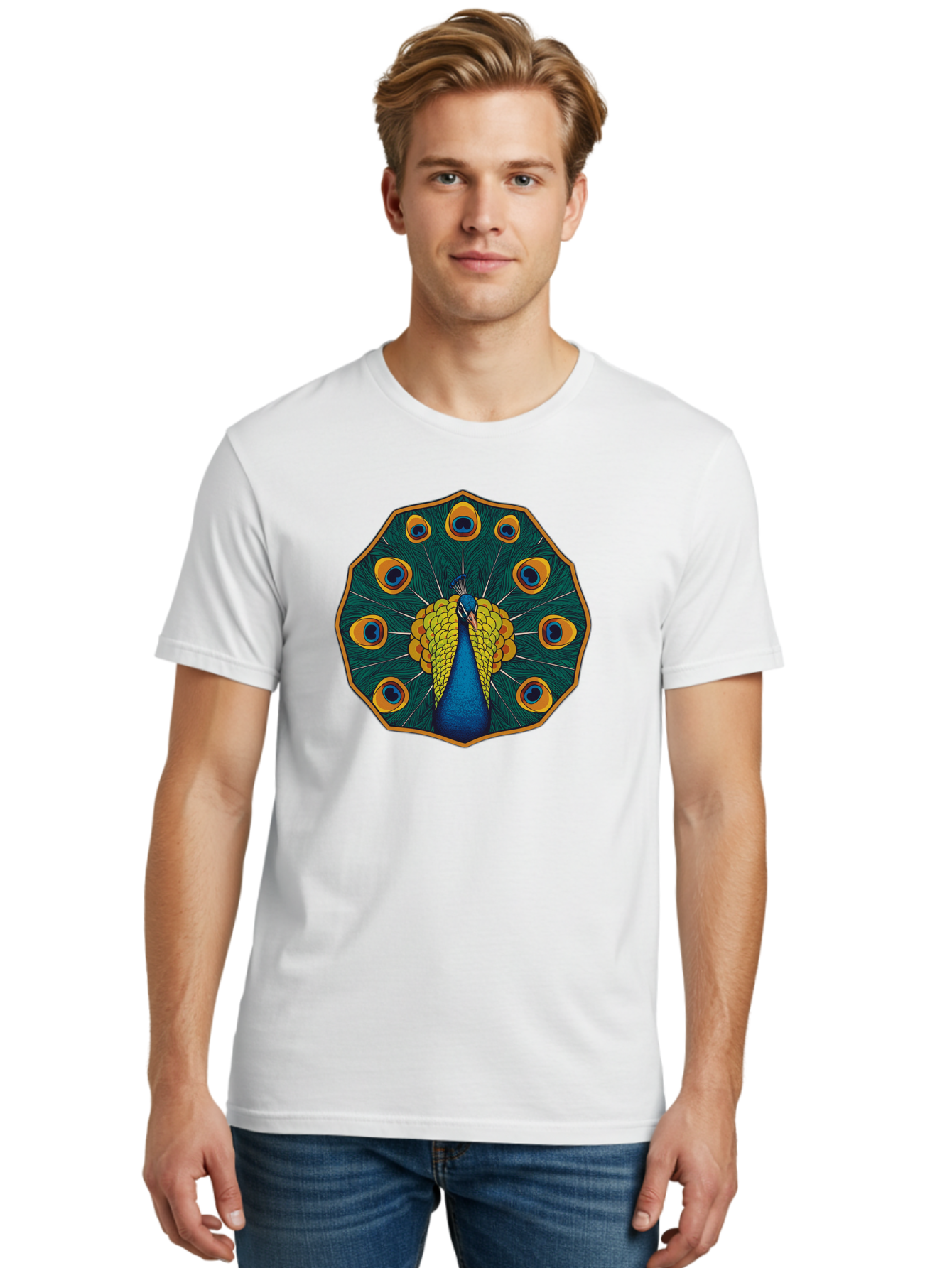 Peacock-Feather-6 Men'S Graphic Tee, 100% Cotton, Comfortable Casual Summer Wear, Machine Washable, Peacock Feather, Blue And Yellow Plumage, Vibrant Colors, Eye-Catching Pattern, Circular Design, Nature-Inspired Art, Bird Motif, Bab114