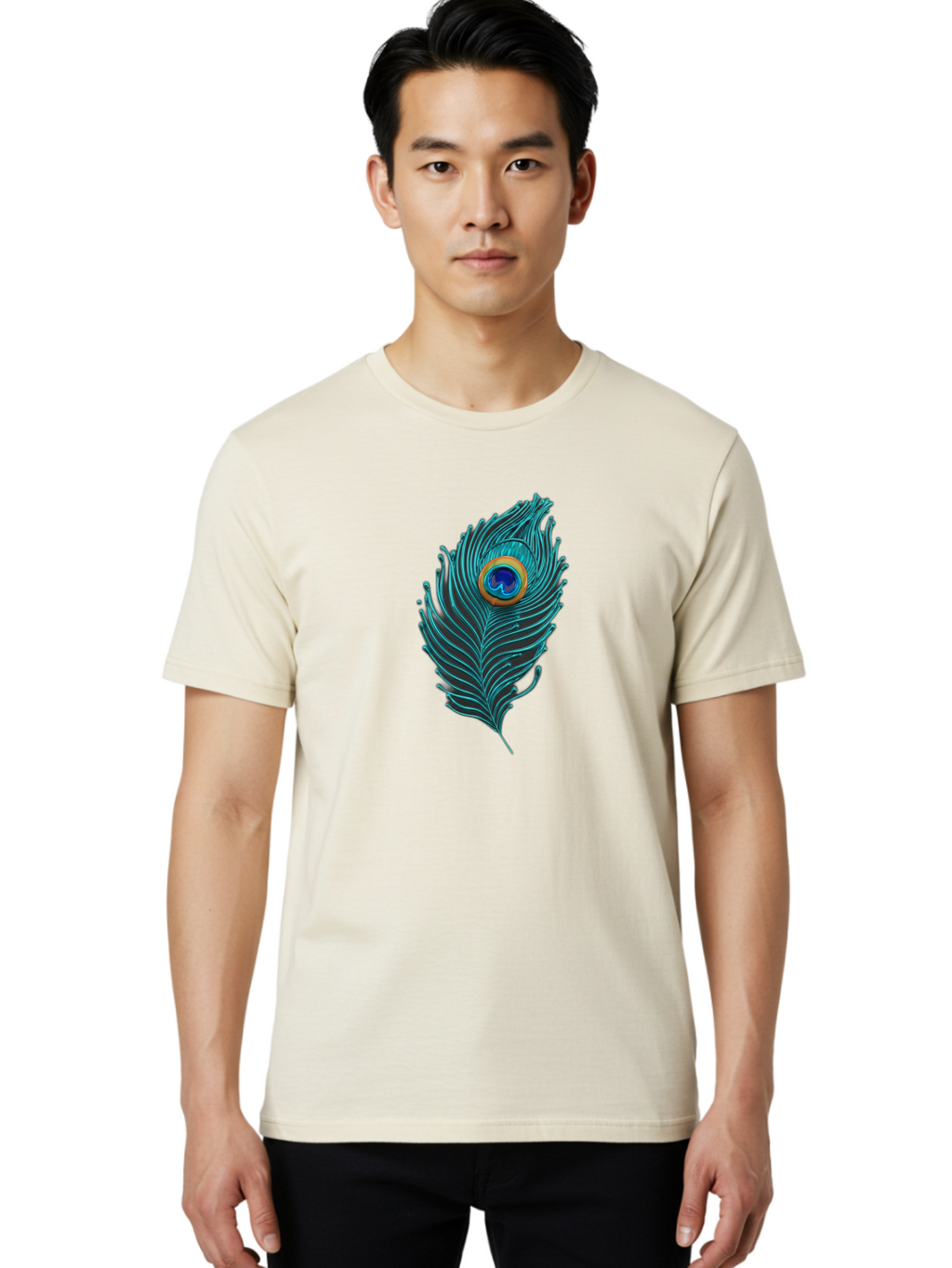 Peacock-Feather-8 Men'S Graphic Tee, 100% Cotton, Comfortable Casual Summer Wear, Machine Washable, Peacock Feather, Vibrant Colors, Teal, Blue, Orange, Elegant Design, Intricate Patterns, Luxurious Feel, Eye-Catching Detail, Stunning Visuals, Bab116