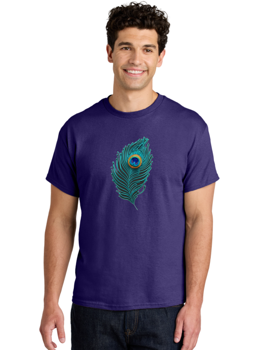 Peacock-Feather-8 Men'S Graphic Tee, 100% Cotton, Comfortable Casual Summer Wear, Machine Washable, Peacock Feather, Vibrant Colors, Teal, Blue, Orange, Elegant Design, Intricate Patterns, Luxurious Feel, Eye-Catching Detail, Stunning Visuals, Bab116