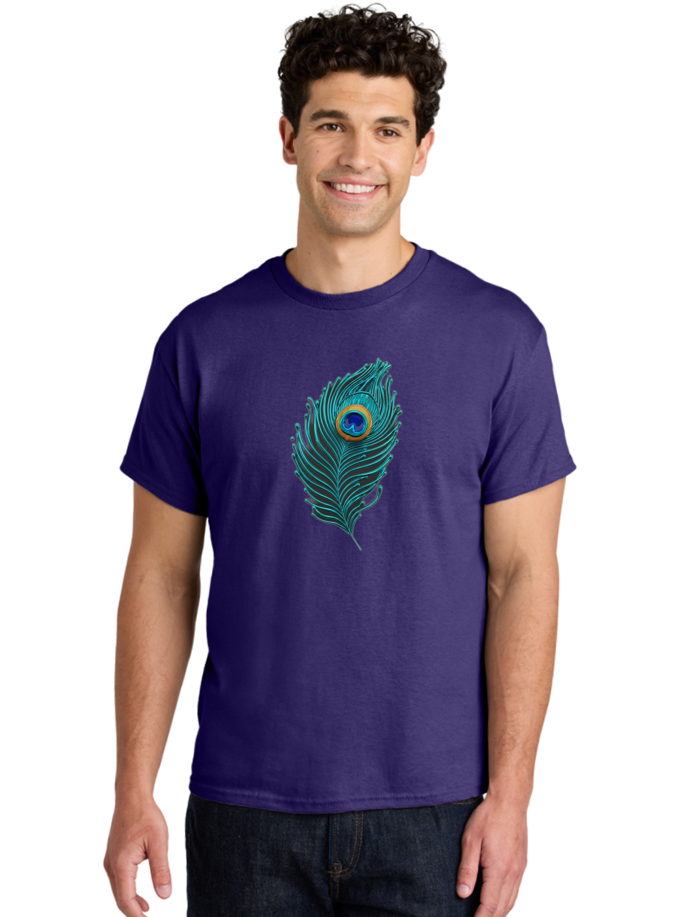 Peacock-Feather-8 Men'S Graphic Tee, 100% Cotton, Comfortable Casual Summer Wear, Machine Washable, Peacock Feather, Vibrant Colors, Teal, Blue, Orange, Elegant Design, Intricate Patterns, Luxurious Feel, Eye-Catching Detail, Stunning Visuals, Bab116
