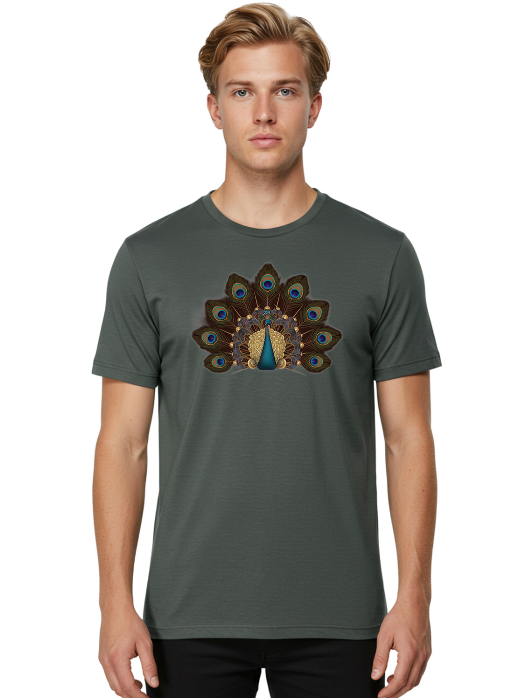 Peacock-Feather-Display Men'S Graphic Tee, 100% Cotton, Comfortable Casual Summer Wear, Machine Washable, Peacock, Bird, Feathers, Blue Eyes, Golden Plumage, Royal Bird, Majestic Creature, Intricate Details, Vibrant Colors, Exotic Beauty Bab118