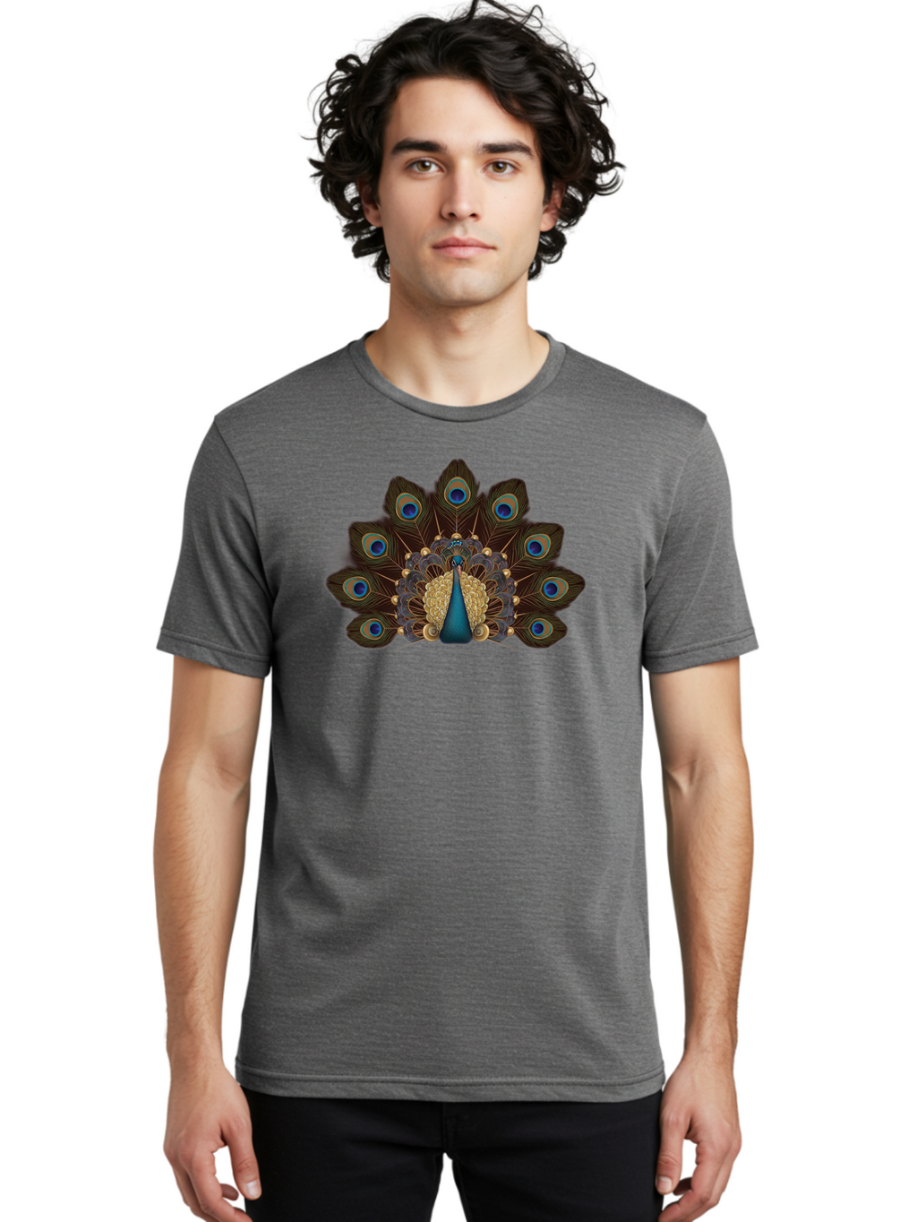 Peacock-Feather-Display Men'S Graphic Tee, 100% Cotton, Comfortable Casual Summer Wear, Machine Washable, Peacock, Bird, Feathers, Blue Eyes, Golden Plumage, Royal Bird, Majestic Creature, Intricate Details, Vibrant Colors, Exotic Beauty Bab118