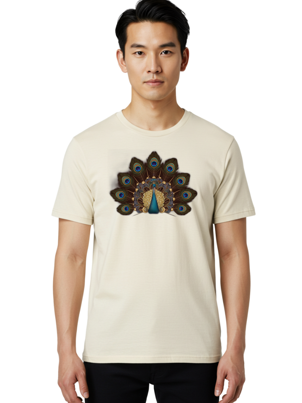 Peacock-Feather-Display Men'S Graphic Tee, 100% Cotton, Comfortable Casual Summer Wear, Machine Washable, Peacock, Bird, Feathers, Blue Eyes, Golden Plumage, Royal Bird, Majestic Creature, Intricate Details, Vibrant Colors, Exotic Beauty Bab118
