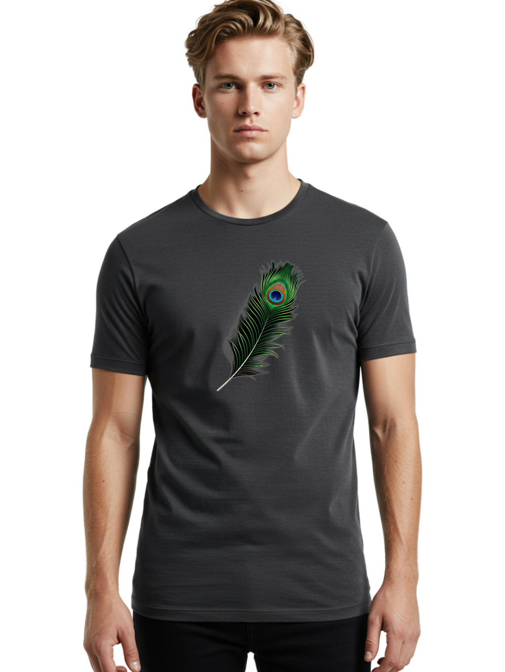 Peacock-Feather Men'S Graphic Tee, 100% Cotton, Comfortable Casual Summer Wear, Machine Washable, Peacock Feather, Bird Feather, Colorful Plumage, Vibrant Colors, Intricate Patterns, Natural Beauty, Symbolic Meaning, Ornamental Decoration, Bab119