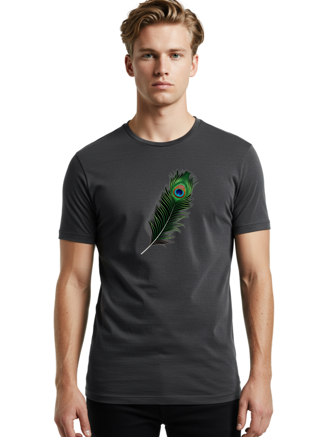Peacock-Feather Men'S Graphic Tee, 100% Cotton, Comfortable Casual Summer Wear, Machine Washable, Peacock Feather, Bird Feather, Colorful Plumage, Vibrant Colors, Intricate Patterns, Natural Beauty, Symbolic Meaning, Ornamental Decoration, Bab119
