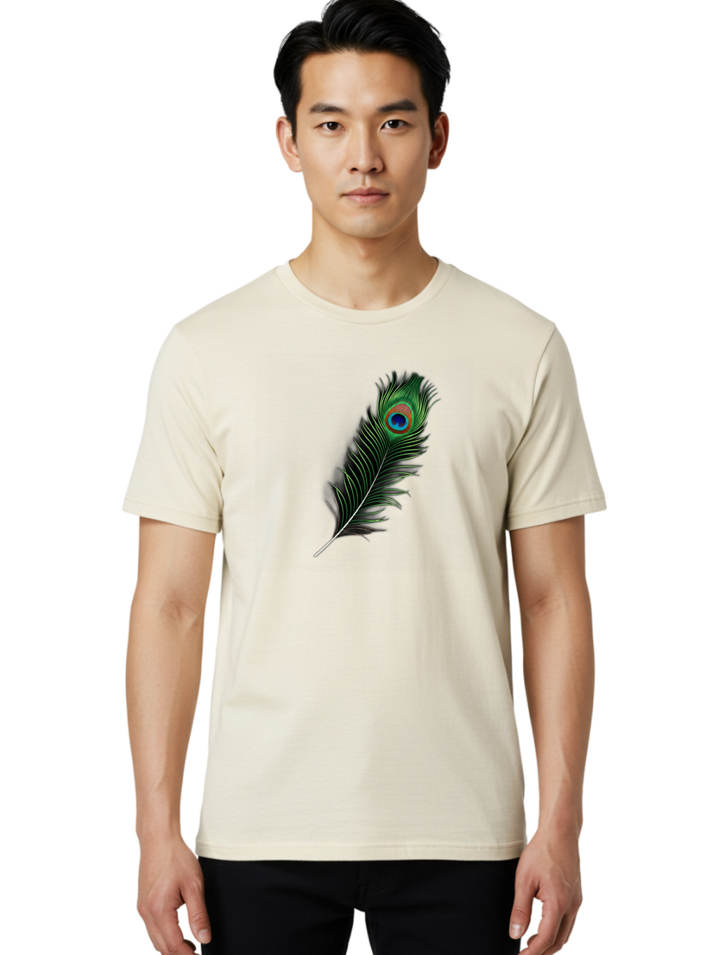 Peacock-Feather Men'S Graphic Tee, 100% Cotton, Comfortable Casual Summer Wear, Machine Washable, Peacock Feather, Bird Feather, Colorful Plumage, Vibrant Colors, Intricate Patterns, Natural Beauty, Symbolic Meaning, Ornamental Decoration, Bab119