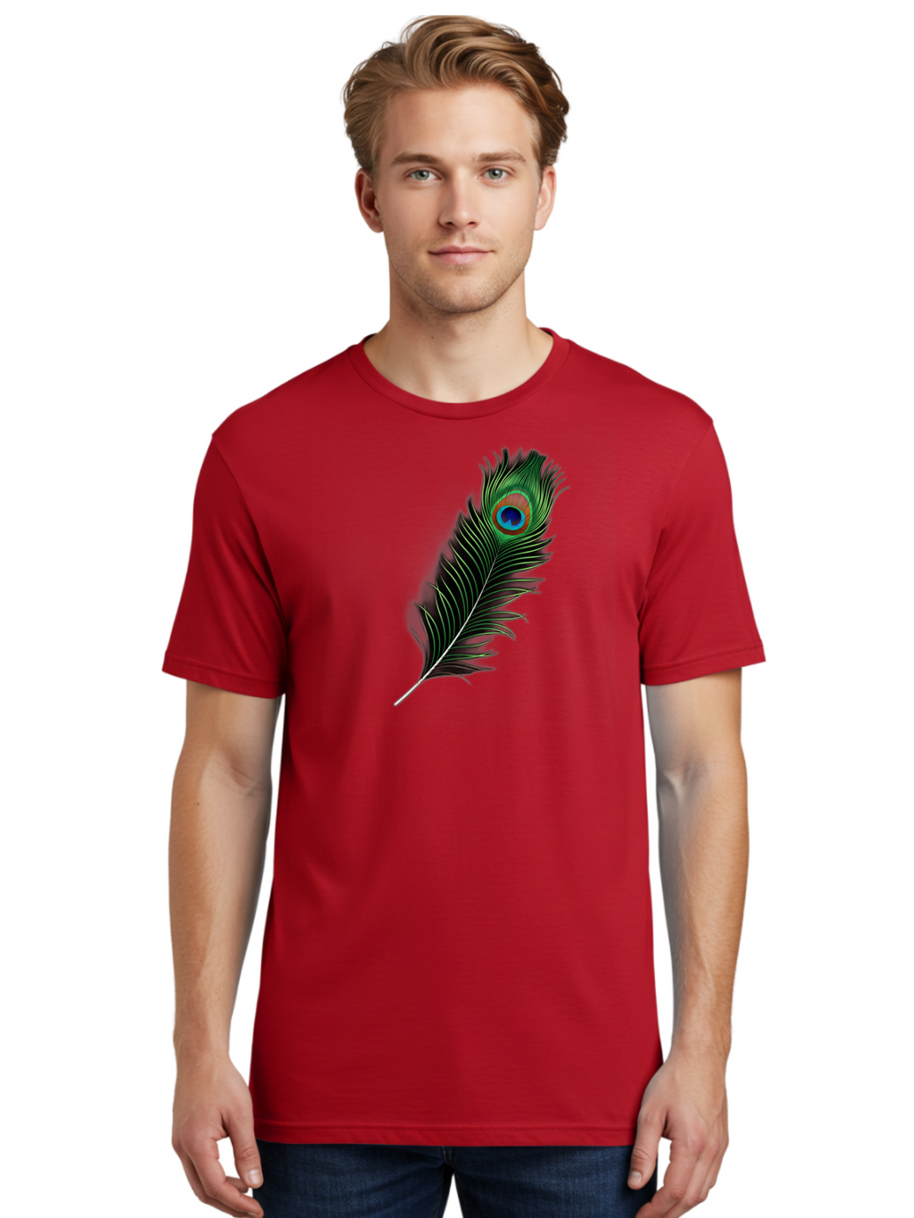Peacock-Feather Men'S Graphic Tee, 100% Cotton, Comfortable Casual Summer Wear, Machine Washable, Peacock Feather, Bird Feather, Colorful Plumage, Vibrant Colors, Intricate Patterns, Natural Beauty, Symbolic Meaning, Ornamental Decoration, Bab119