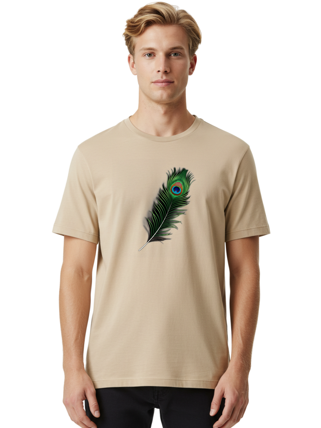 Peacock-Feather Men'S Graphic Tee, 100% Cotton, Comfortable Casual Summer Wear, Machine Washable, Peacock Feather, Bird Feather, Colorful Plumage, Vibrant Colors, Intricate Patterns, Natural Beauty, Symbolic Meaning, Ornamental Decoration, Bab119