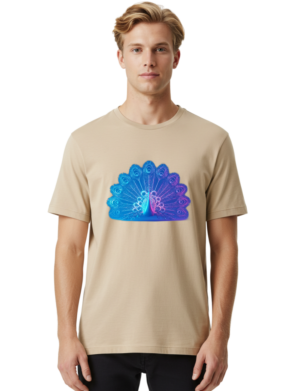 Peacock-Feathers-1 Men'S Graphic Tee, 100% Cotton, Comfortable Casual Summer Wear, Machine Washable, Peacock Feather, Vibrant Colors, Blue And Purple Hues, Intricate Details, Swirling Patterns, Majestic Display, Exotic Bird, Colorful Plumage, Bab120