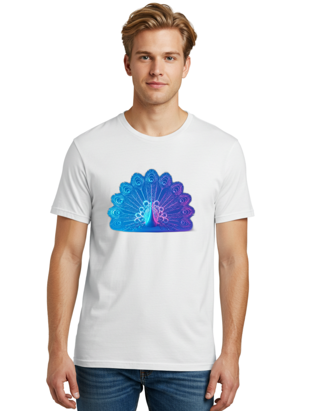 Peacock-Feathers-1 Men'S Graphic Tee, 100% Cotton, Comfortable Casual Summer Wear, Machine Washable, Peacock Feather, Vibrant Colors, Blue And Purple Hues, Intricate Details, Swirling Patterns, Majestic Display, Exotic Bird, Colorful Plumage, Bab120
