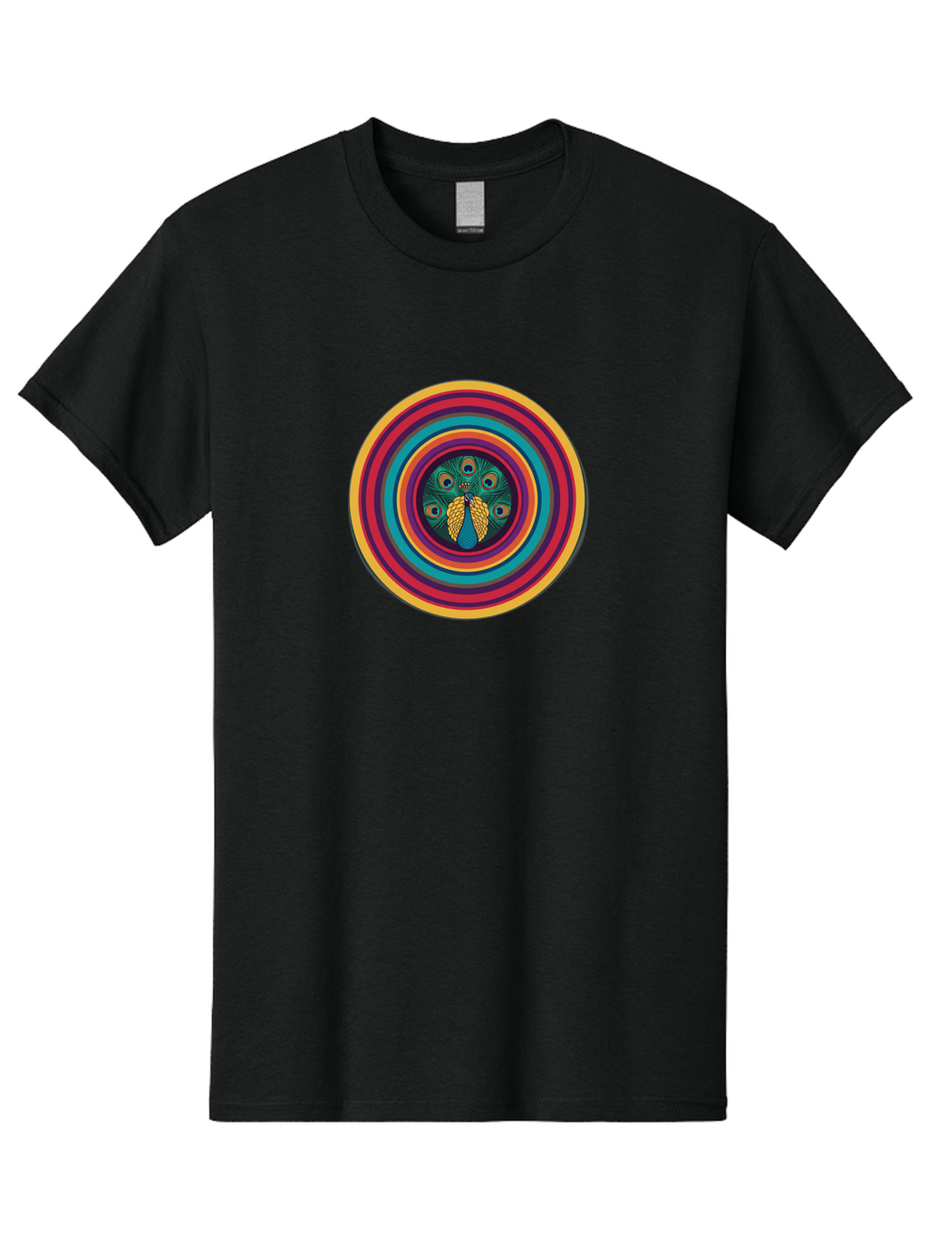 Peacock-Feathers-2 Men'S Graphic Tee, 100% Cotton, Comfortable Casual Summer Wear, Machine Washable, Peacock Feather, Bohemian Style, Vibrant Colors, Colorful Rings, Abstract Art, Hypnotic Patterns, Nature-Inspired Design, Circular Motif, Bab121