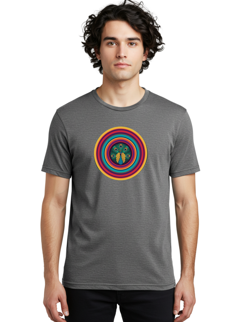 Peacock-Feathers-2 Men'S Graphic Tee, 100% Cotton, Comfortable Casual Summer Wear, Machine Washable, Peacock Feather, Bohemian Style, Vibrant Colors, Colorful Rings, Abstract Art, Hypnotic Patterns, Nature-Inspired Design, Circular Motif, Bab121