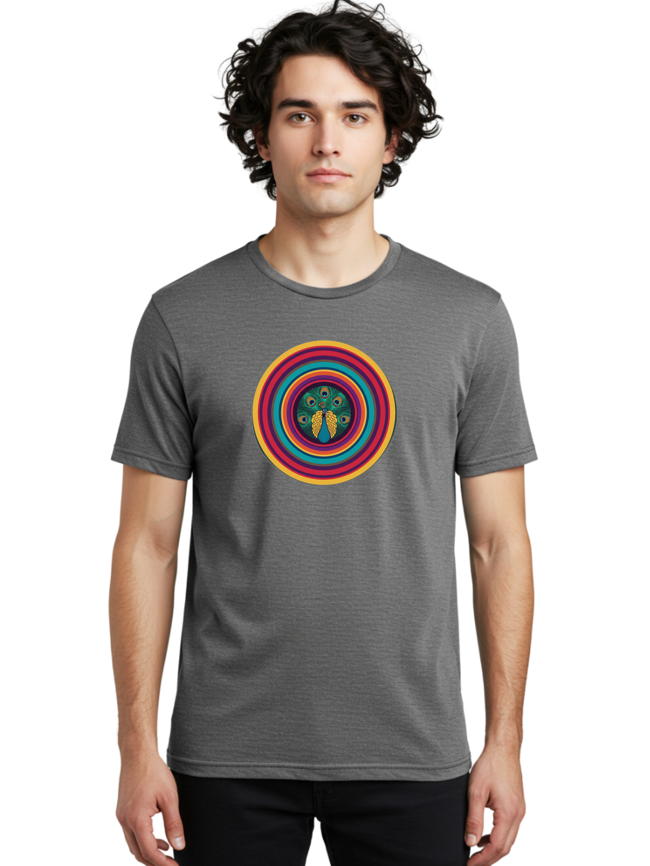 Peacock-Feathers-2 Men'S Graphic Tee, 100% Cotton, Comfortable Casual Summer Wear, Machine Washable, Peacock Feather, Bohemian Style, Vibrant Colors, Colorful Rings, Abstract Art, Hypnotic Patterns, Nature-Inspired Design, Circular Motif, Bab121