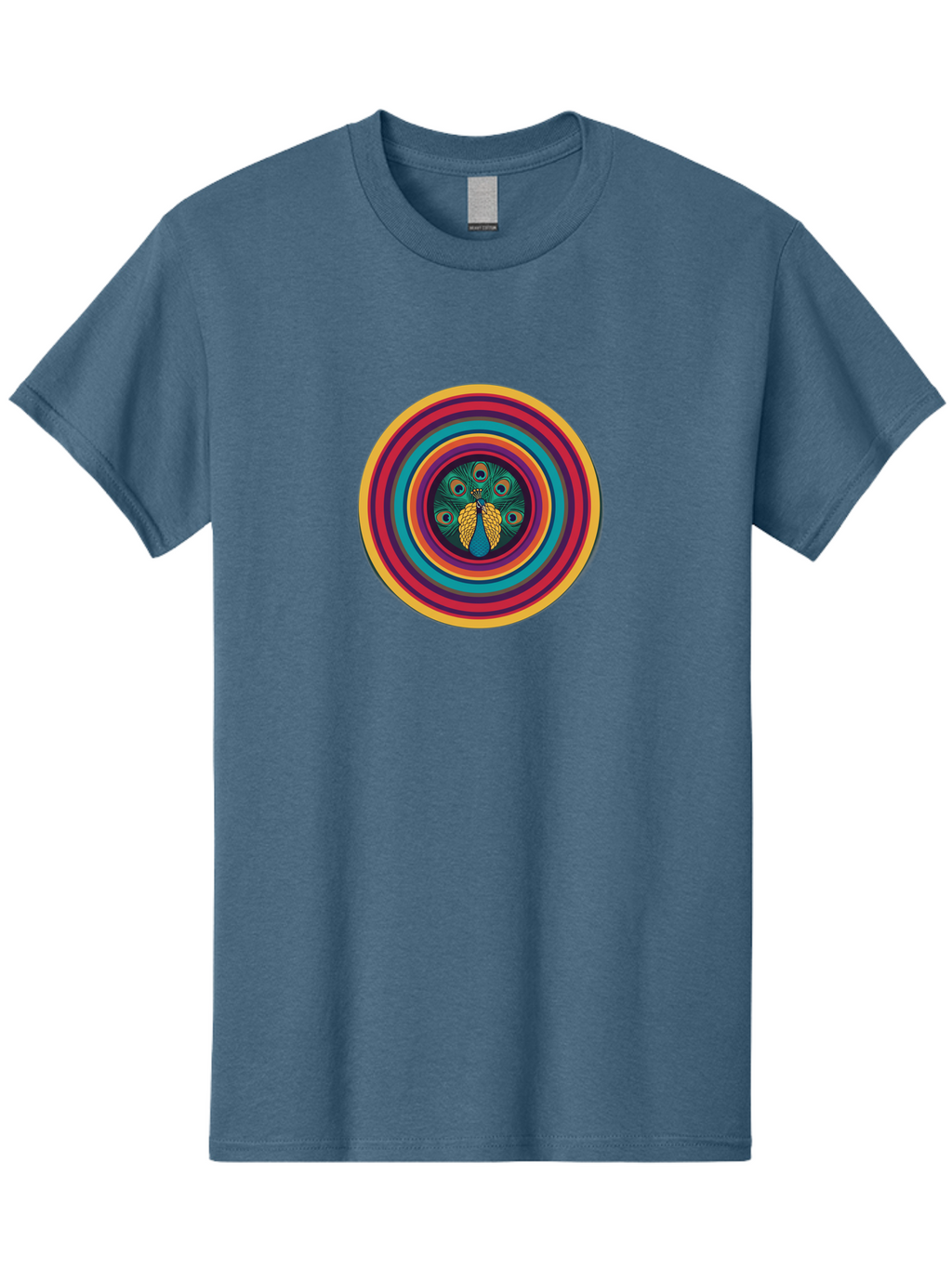 Peacock-Feathers-2 Men'S Graphic Tee, 100% Cotton, Comfortable Casual Summer Wear, Machine Washable, Peacock Feather, Bohemian Style, Vibrant Colors, Colorful Rings, Abstract Art, Hypnotic Patterns, Nature-Inspired Design, Circular Motif, Bab121