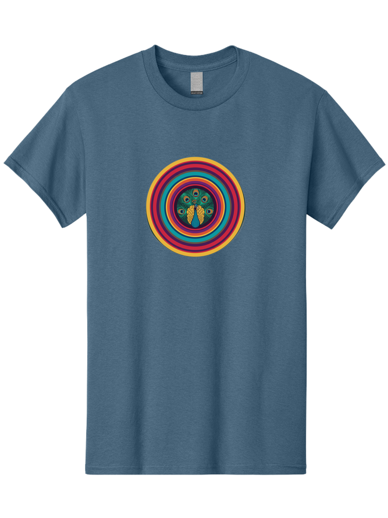 Peacock-Feathers-2 Men'S Graphic Tee, 100% Cotton, Comfortable Casual Summer Wear, Machine Washable, Peacock Feather, Bohemian Style, Vibrant Colors, Colorful Rings, Abstract Art, Hypnotic Patterns, Nature-Inspired Design, Circular Motif, Bab121