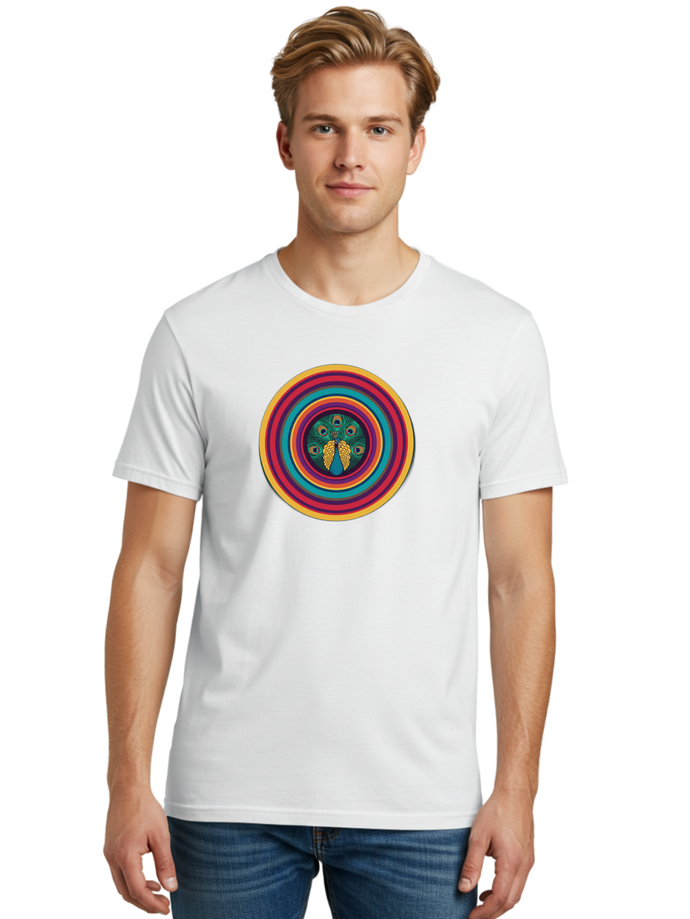 Peacock-Feathers-2 Men'S Graphic Tee, 100% Cotton, Comfortable Casual Summer Wear, Machine Washable, Peacock Feather, Bohemian Style, Vibrant Colors, Colorful Rings, Abstract Art, Hypnotic Patterns, Nature-Inspired Design, Circular Motif, Bab121