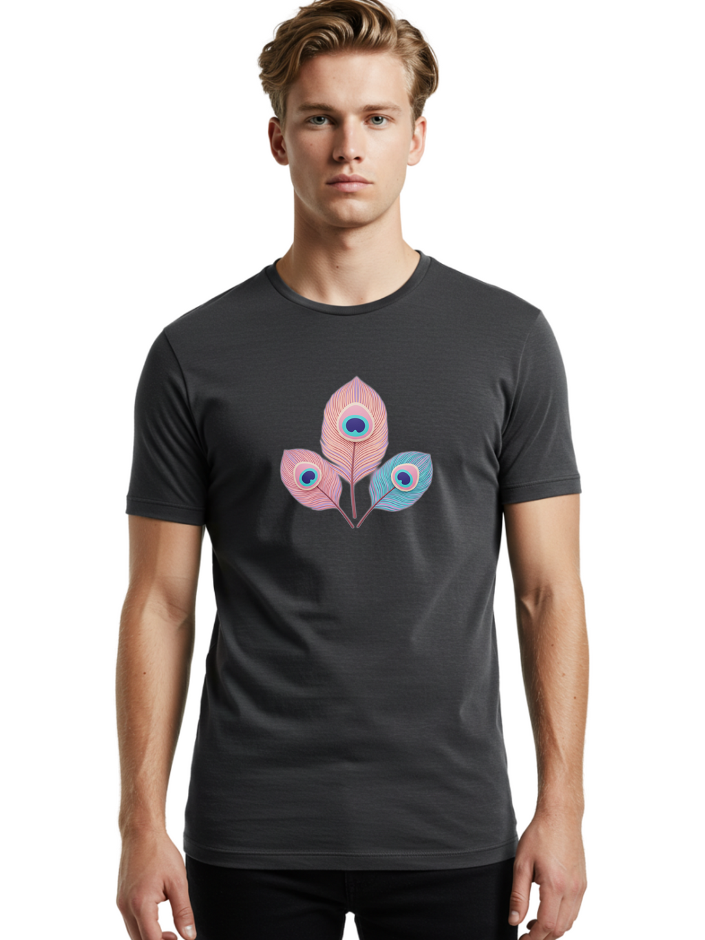 Peacock-Feathers-Graphic Men'S Graphic Tee, 100% Cotton, Comfortable Casual Summer Wear, Machine Washable, Peacock Feathers, Vibrant Colors, Pastel Hues, Eye-Catching Design, Bird Plumage, Decorative Elements, Artistic Patterns, Bab122