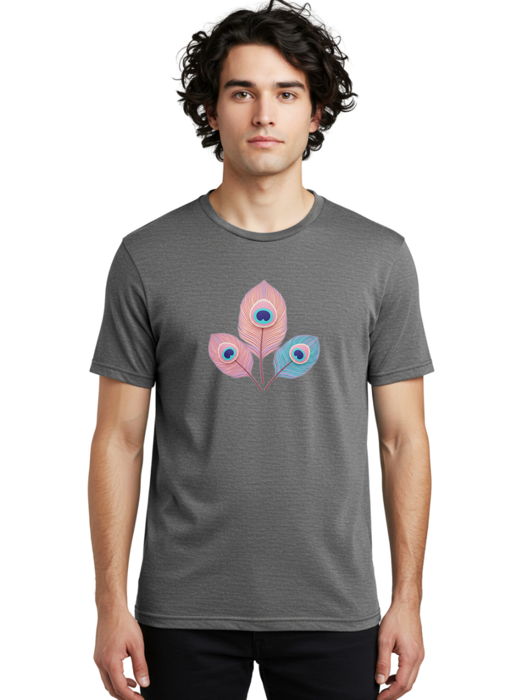 Peacock-Feathers-Graphic Men'S Graphic Tee, 100% Cotton, Comfortable Casual Summer Wear, Machine Washable, Peacock Feathers, Vibrant Colors, Pastel Hues, Eye-Catching Design, Bird Plumage, Decorative Elements, Artistic Patterns, Bab122