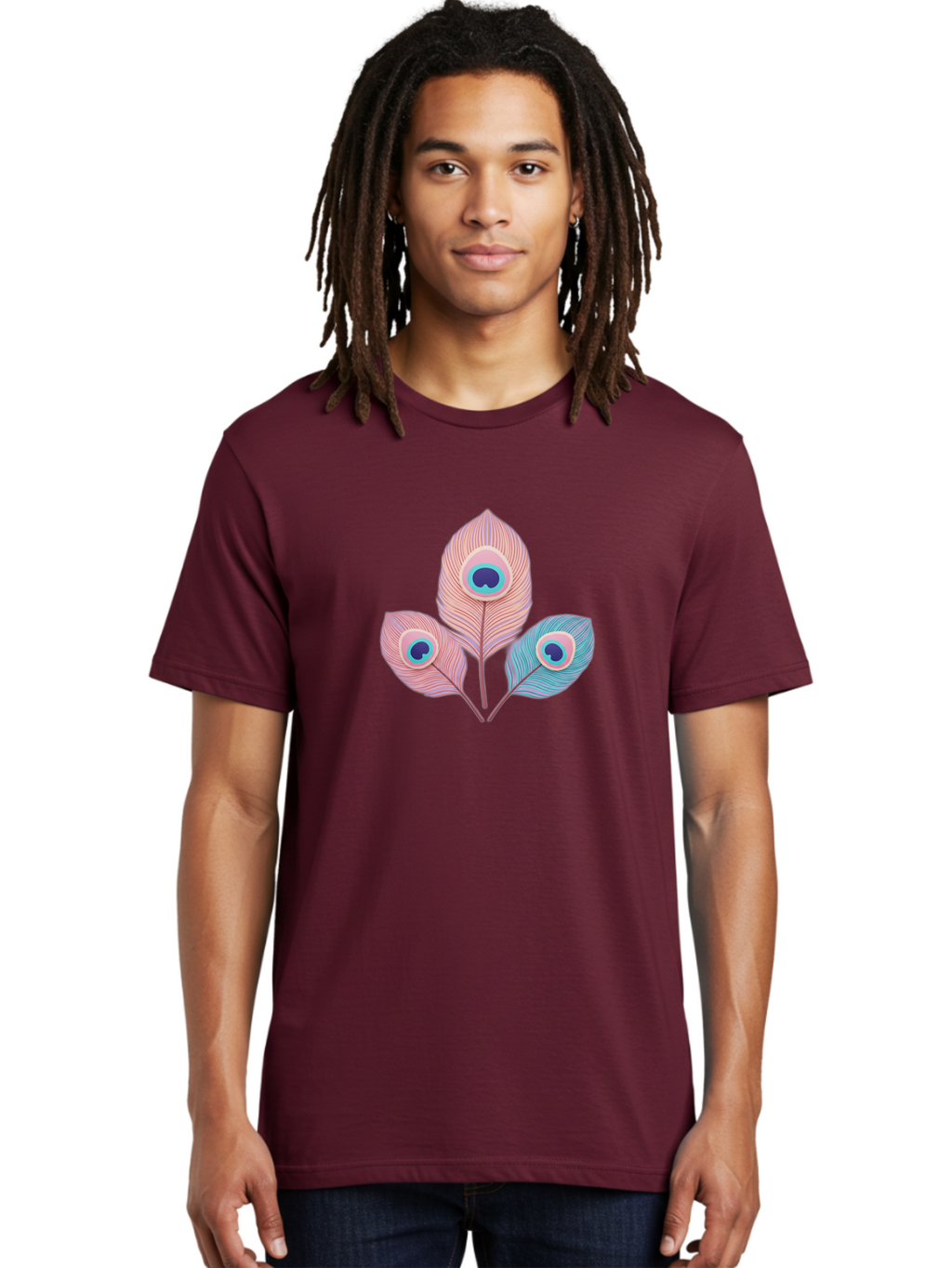 Peacock-Feathers-Graphic Men'S Graphic Tee, 100% Cotton, Comfortable Casual Summer Wear, Machine Washable, Peacock Feathers, Vibrant Colors, Pastel Hues, Eye-Catching Design, Bird Plumage, Decorative Elements, Artistic Patterns, Bab122