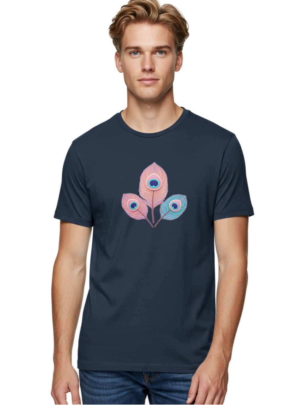 Peacock-Feathers-Graphic Men'S Graphic Tee, 100% Cotton, Comfortable Casual Summer Wear, Machine Washable, Peacock Feathers, Vibrant Colors, Pastel Hues, Eye-Catching Design, Bird Plumage, Decorative Elements, Artistic Patterns, Bab122