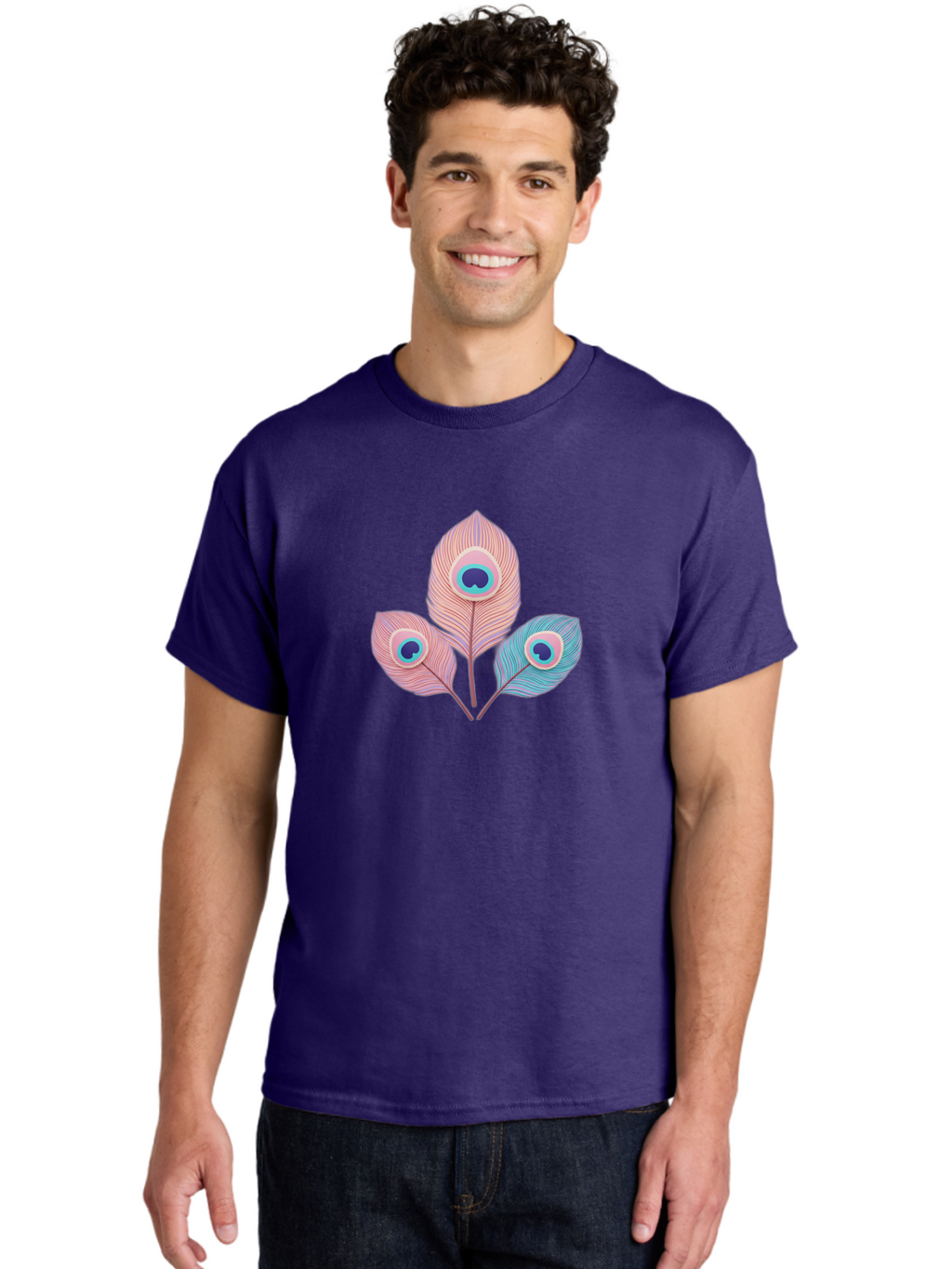 Peacock-Feathers-Graphic Men'S Graphic Tee, 100% Cotton, Comfortable Casual Summer Wear, Machine Washable, Peacock Feathers, Vibrant Colors, Pastel Hues, Eye-Catching Design, Bird Plumage, Decorative Elements, Artistic Patterns, Bab122
