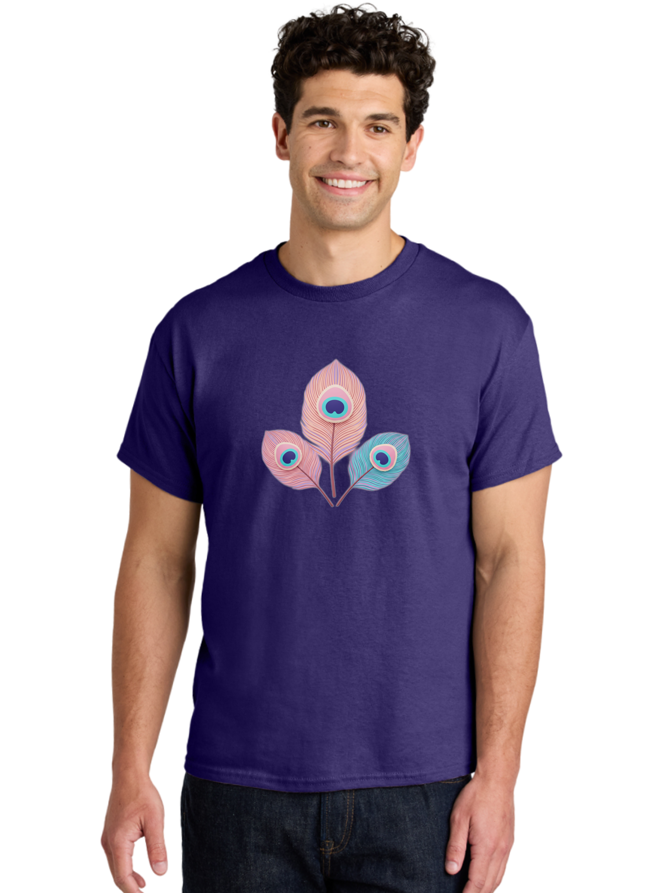 Peacock-Feathers-Graphic Men'S Graphic Tee, 100% Cotton, Comfortable Casual Summer Wear, Machine Washable, Peacock Feathers, Vibrant Colors, Pastel Hues, Eye-Catching Design, Bird Plumage, Decorative Elements, Artistic Patterns, Bab122