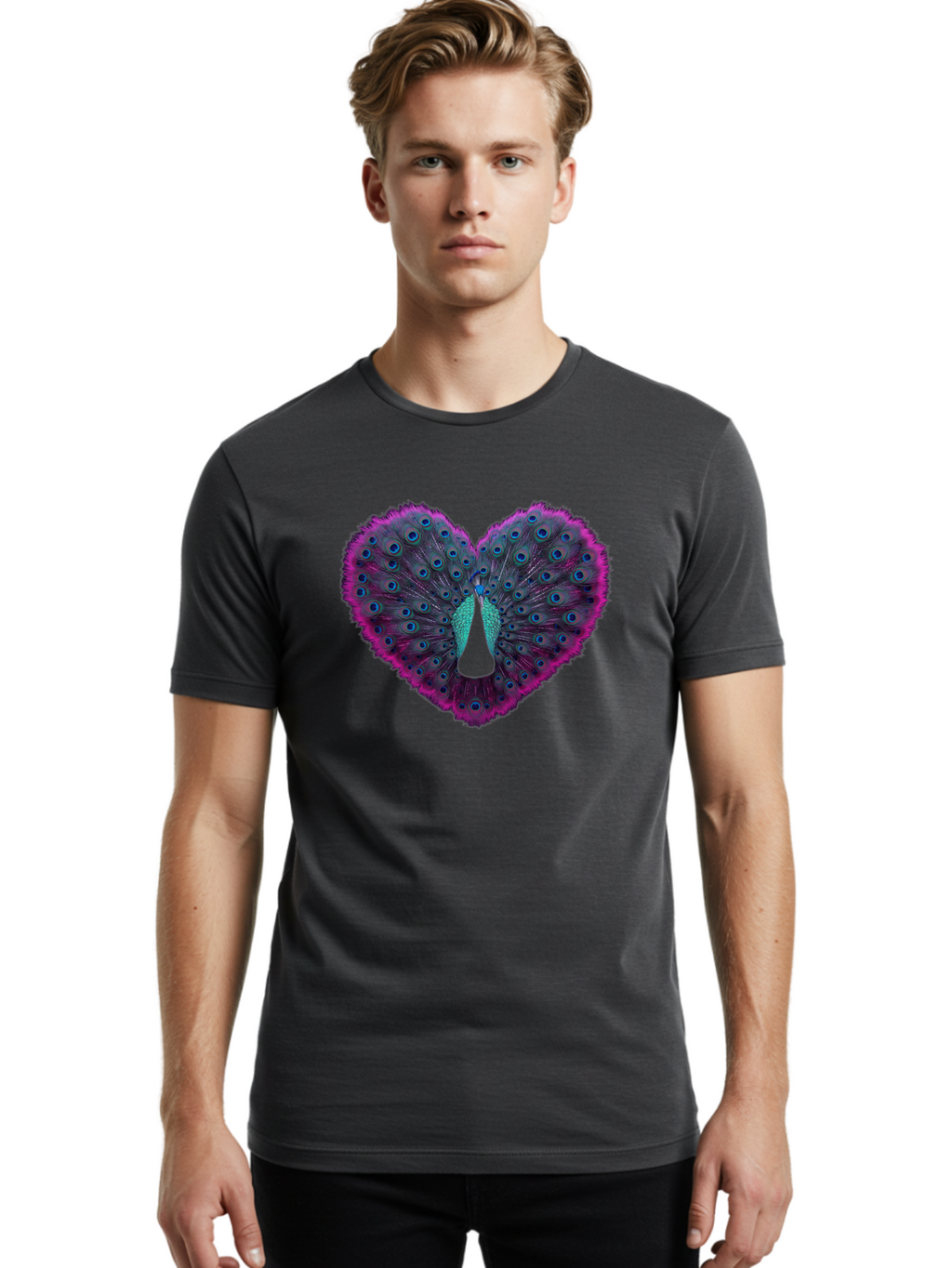 Peacock-Feathers-Heart Men'S Graphic Tee, 100% Cotton, Comfortable Casual Summer Wear, Machine Washable, Peacock Feathers, Heart Shape, Vibrant Colors, Blue Eyespots, Purple And Pink Hues, Symbolic Love, Plumage Display, Artistic Design, Bab123