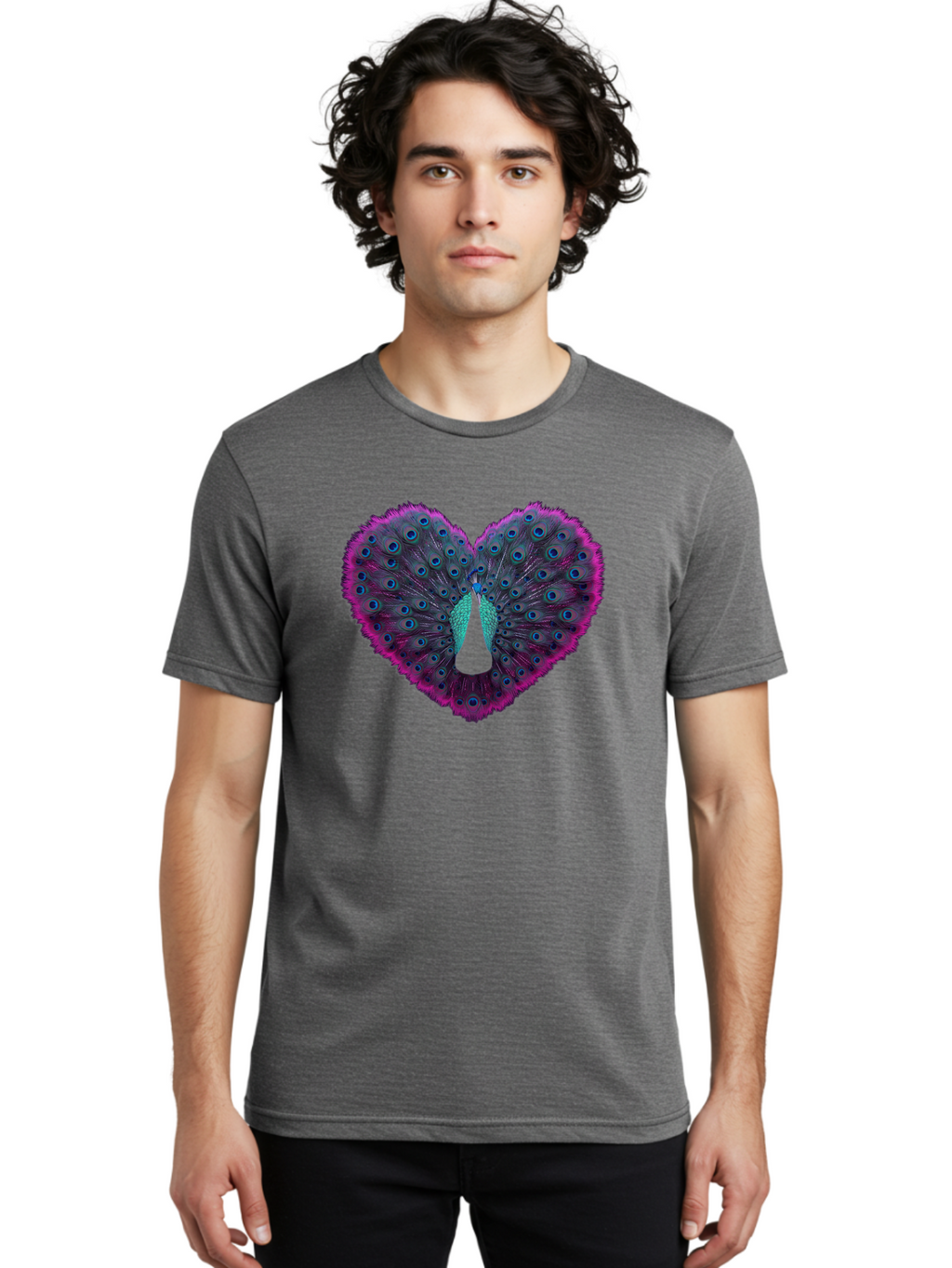 Peacock-Feathers-Heart Men'S Graphic Tee, 100% Cotton, Comfortable Casual Summer Wear, Machine Washable, Peacock Feathers, Heart Shape, Vibrant Colors, Blue Eyespots, Purple And Pink Hues, Symbolic Love, Plumage Display, Artistic Design, Bab123