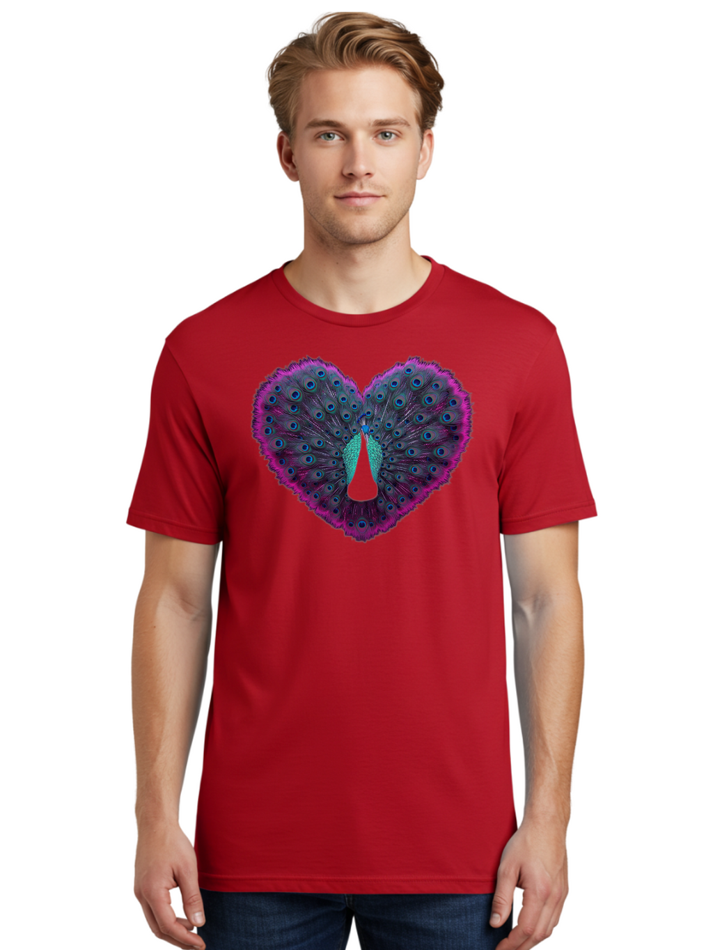 Peacock-Feathers-Heart Men'S Graphic Tee, 100% Cotton, Comfortable Casual Summer Wear, Machine Washable, Peacock Feathers, Heart Shape, Vibrant Colors, Blue Eyespots, Purple And Pink Hues, Symbolic Love, Plumage Display, Artistic Design, Bab123