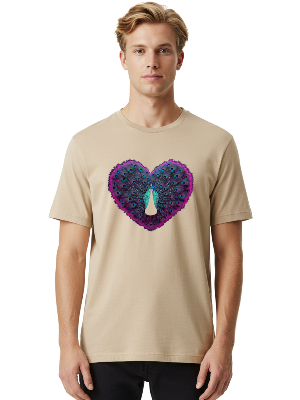 Peacock-Feathers-Heart Men'S Graphic Tee, 100% Cotton, Comfortable Casual Summer Wear, Machine Washable, Peacock Feathers, Heart Shape, Vibrant Colors, Blue Eyespots, Purple And Pink Hues, Symbolic Love, Plumage Display, Artistic Design, Bab123