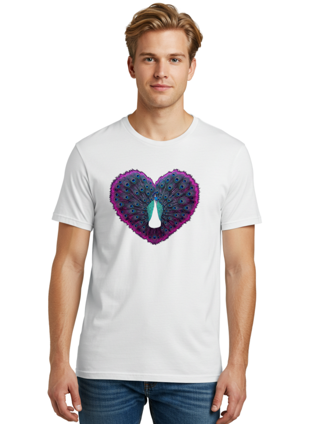 Peacock-Feathers-Heart Men'S Graphic Tee, 100% Cotton, Comfortable Casual Summer Wear, Machine Washable, Peacock Feathers, Heart Shape, Vibrant Colors, Blue Eyespots, Purple And Pink Hues, Symbolic Love, Plumage Display, Artistic Design, Bab123