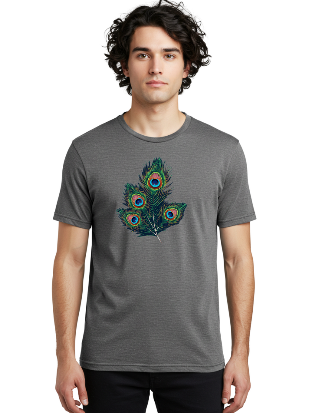 Peacock-Feathers Men'S Graphic Tee, 100% Cotton, Comfortable Casual Summer Wear, Machine Washable, Peacock Feather, Colorful Plumage, Vibrant Colors, Eyespot, Blue And Orange, Exotic Bird, Natural Beauty, Wildlife Bab124