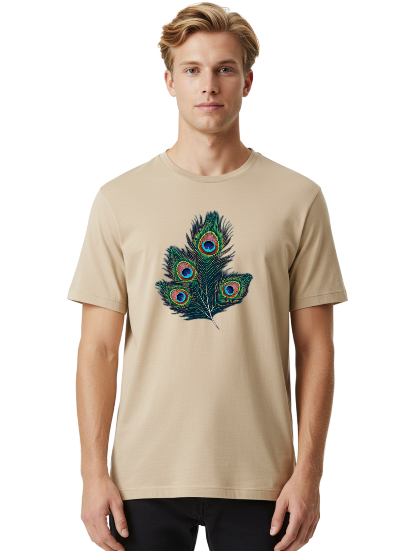 Peacock-Feathers Men'S Graphic Tee, 100% Cotton, Comfortable Casual Summer Wear, Machine Washable, Peacock Feather, Colorful Plumage, Vibrant Colors, Eyespot, Blue And Orange, Exotic Bird, Natural Beauty, Wildlife Bab124