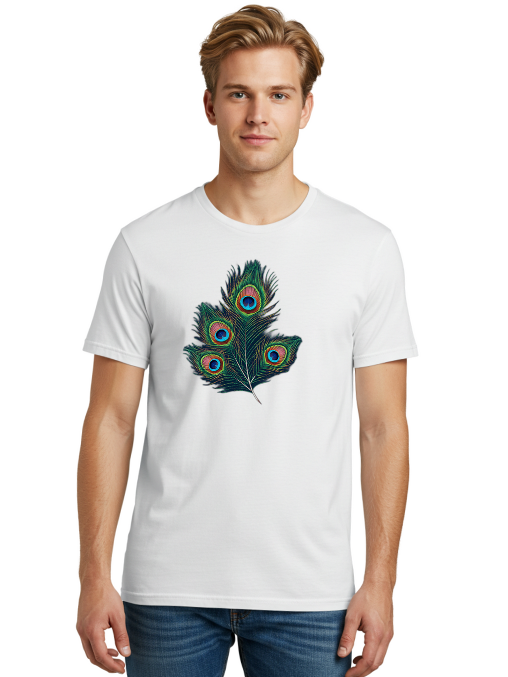 Peacock-Feathers Men'S Graphic Tee, 100% Cotton, Comfortable Casual Summer Wear, Machine Washable, Peacock Feather, Colorful Plumage, Vibrant Colors, Eyespot, Blue And Orange, Exotic Bird, Natural Beauty, Wildlife Bab124