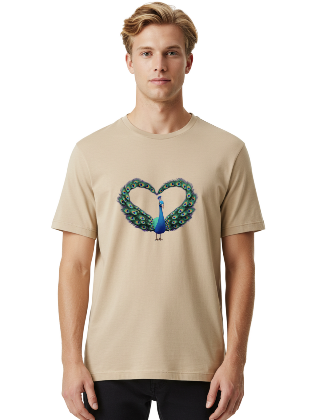 Peacock-Heart-1 Men'S Graphic Tee, 100% Cotton, Comfortable Casual Summer Wear, Machine Washable, Peacock Forming Heart Shape, Vibrant Blue And Green Colors, Symbolic Love Representation, Bird With Spread Feathers, Peacock'S Majestic Plumage, Bab125