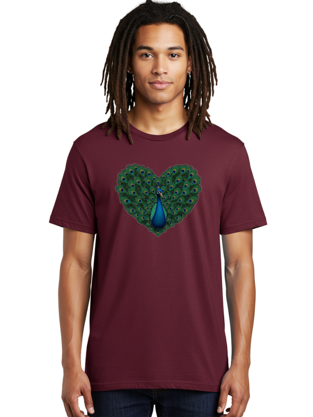Peacock-Heart Men'S Graphic Tee, 100% Cotton, Comfortable Casual Summer Wear, Machine Washable, Peacock Spreading Its Feathers, Heart Shape, Vibrant Colors, Blue And Green Plumage, Eye-Catching Display, Majestic Bird, Symbolic Representation, Bab127