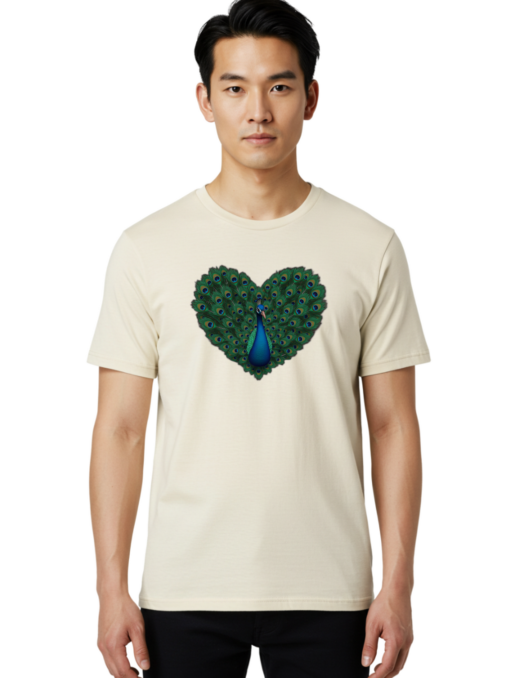 Peacock-Heart Men'S Graphic Tee, 100% Cotton, Comfortable Casual Summer Wear, Machine Washable, Peacock Spreading Its Feathers, Heart Shape, Vibrant Colors, Blue And Green Plumage, Eye-Catching Display, Majestic Bird, Symbolic Representation, Bab127